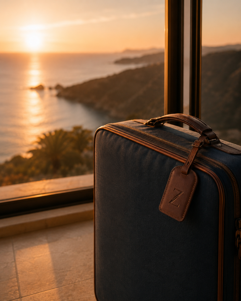 Diseño de viajes personalizados: maleta de viaje junto a una ventana con vistas al atardecer