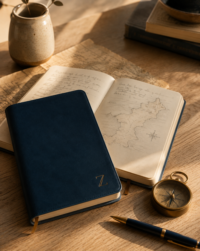Cuaderno de viaje con mapa dibujado a mano, brújula y pluma sobre una mesa de madera, símbolo del proceso de diseño de cada ruta